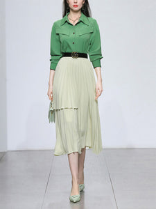 2PS Green Vintage Lapel Shirt With Apricot Pleated Skirt Suit