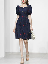 Load image into Gallery viewer, Navy Embroidered Vintage Square Neck Puff Sleeve Mini Dress
