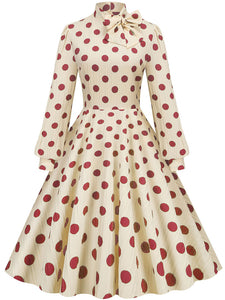 Big BowKnot Polka Dots Puff Long Sleeve Audrey Hepburn Style 1950S Vintage Dress