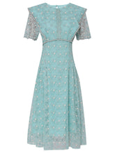 Load image into Gallery viewer, Vintage Teal Short Sleeve Pearl Neck Waist Embroidered Dress