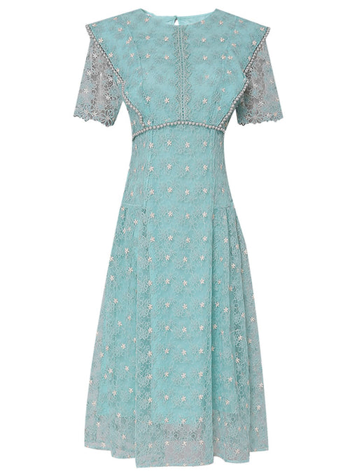 Vintage Teal Short Sleeve Pearl Neck Waist Embroidered Dress