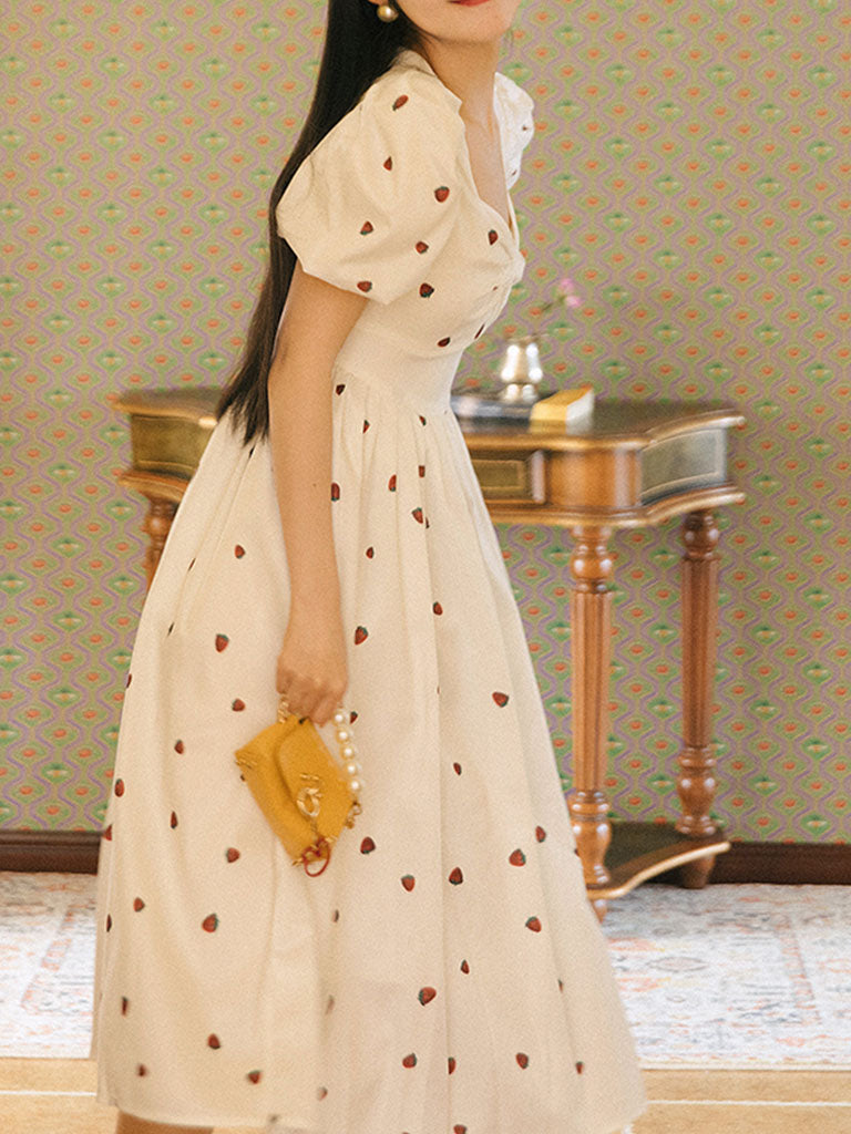 White Strawberry Bow Sweet Heart Collar Puff Sleeve 1950S Dress Jolly Vintage White Strawberry Bow Sweet Heart Collar Puff Sleeve 1950S Dress Jolly Vintage