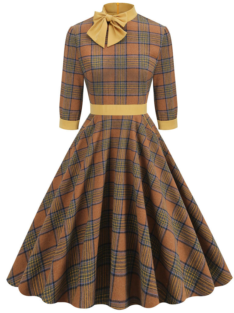 Big BowKnot Plaid 3/4 Sleeve 1950S Vintage Dress With Pockets Inspired Jolly Vintage Big BowKnot Plaid 3/4 Sleeve 1950S Vintage Dress With Pockets Inspired Jolly Vintage
