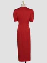 Load image into Gallery viewer, Red Slim Fit Crew Neck Puff Sleeve Satin Dress Vintage Dress