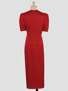 Red Slim Fit Crew Neck Puff Sleeve Satin Dress Vintage Dress