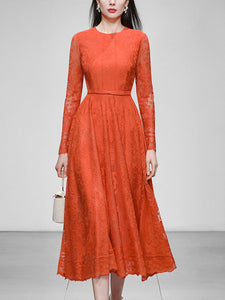 1950s Crew Neck Long Sleeve Hepburn Swing Lace Dress