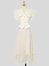 Load image into Gallery viewer, 2PS Apricot V Neck Puff Sleeve Top And Irregular Gauze Skirt Set