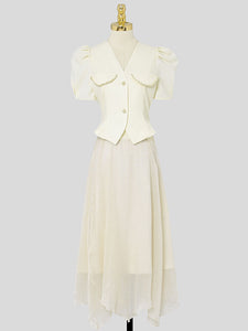 2PS Apricot V Neck Puff Sleeve Top And Irregular Gauze Skirt Set