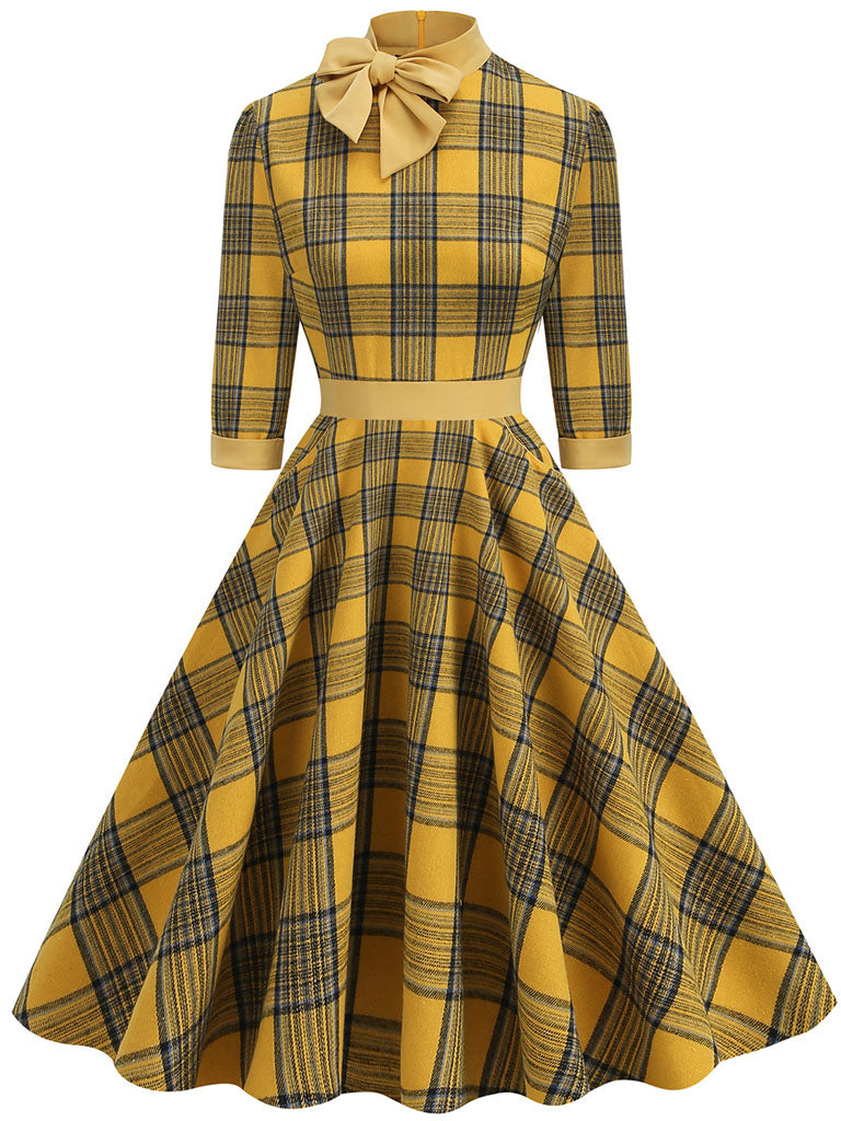 Big BowKnot Plaid 3/4 Sleeve 1950S Vintage Dress With Pockets Inspired by Clueless Cher Horowitz, Yellow / 2XL Big BowKnot Plaid 3/4 Sleeve 1950S Vintage Dress With Pockets Inspired by Clueless Cher Horowitz, Yellow / 2XL