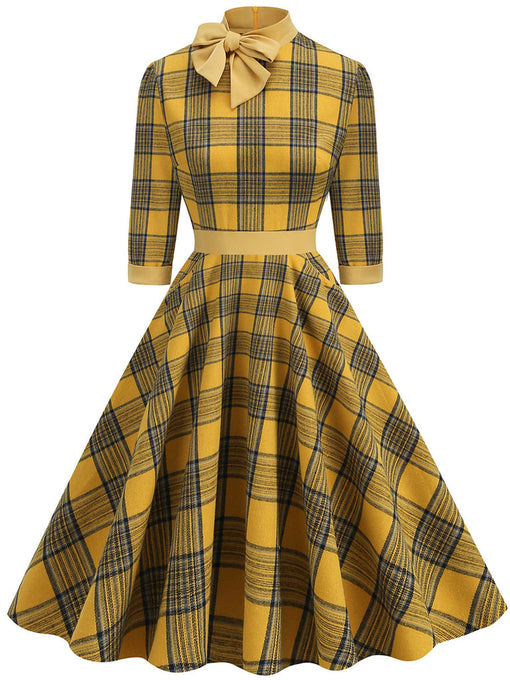 Big BowKnot Plaid 3/4 Sleeve 1950S Vintage Dress With Pockets