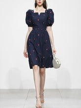 Load image into Gallery viewer, Navy Embroidered Vintage Square Neck Puff Sleeve Mini Dress