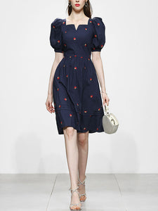 Navy Embroidered Vintage Square Neck Puff Sleeve Mini Dress