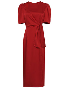 Red Slim Fit Crew Neck Puff Sleeve Satin Dress Vintage Dress
