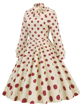 Load image into Gallery viewer, Big BowKnot Polka Dots Puff Long Sleeve Audrey Hepburn Style 1950S Vintage Dress
