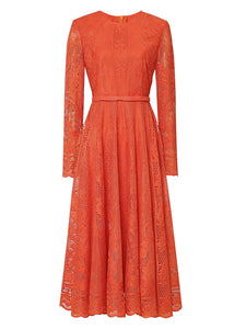 1950s Crew Neck Long Sleeve Hepburn Swing Lace Dress