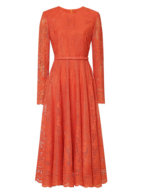 1950s Crew Neck Long Sleeve Hepburn Swing Lace Dress