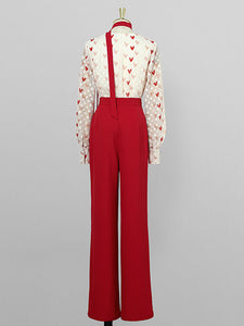 2PS White And Red Sweet Heart V Neck Shirt And Red Wide-Leg Pants Set