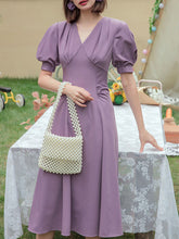 Load image into Gallery viewer, Lavender V Neck Puff Sleeve Swing Vintage Style 1940S Dress