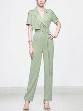 Load image into Gallery viewer, Lapel Collar Short Sleeve Asymmetric Design Belted Waist Jumpsuit