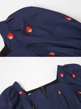 Load image into Gallery viewer, Navy Embroidered Vintage Square Neck Puff Sleeve Mini Dress