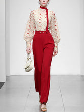 Load image into Gallery viewer, 2PS White And Red Sweet Heart V Neck Shirt And Red Wide-Leg Pants Set