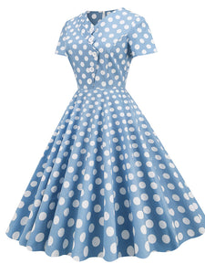 Polka Dots V Neck 1950S Dress With Pockets