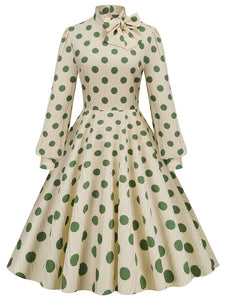 Big BowKnot Polka Dots Puff Long Sleeve Audrey Hepburn Style 1950S Vintage Dress