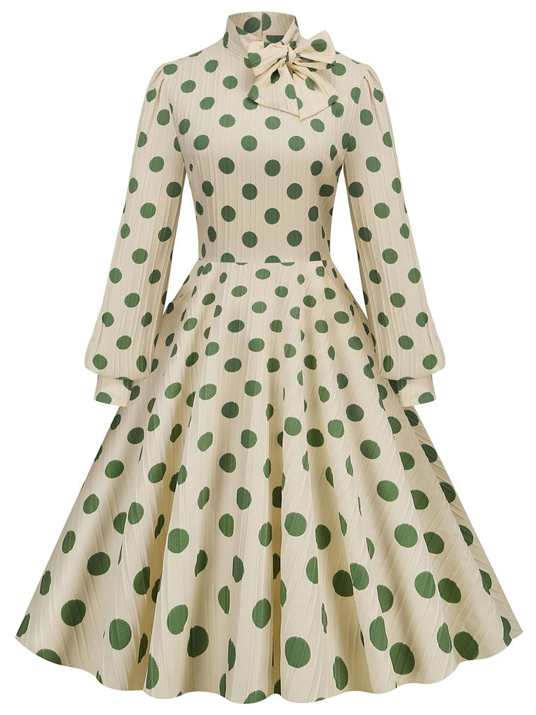 Big BowKnot Polka Dots Puff Long Sleeve Audrey Hepburn Style 1950S Vintage Dress