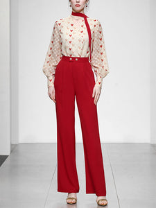 2PS White And Red Sweet Heart V Neck Shirt And Red Wide-Leg Pants Set