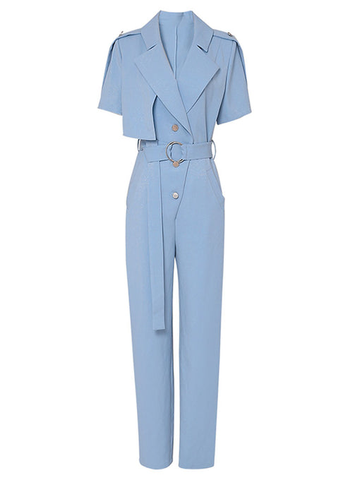 Lapel Collar Short Sleeve Asymmetric Design Belted Waist Jumpsuit