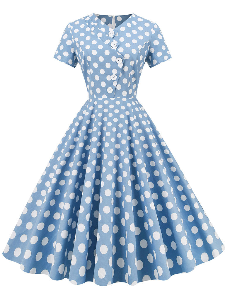 Polka Dots V Neck 1950S Dress With Pockets