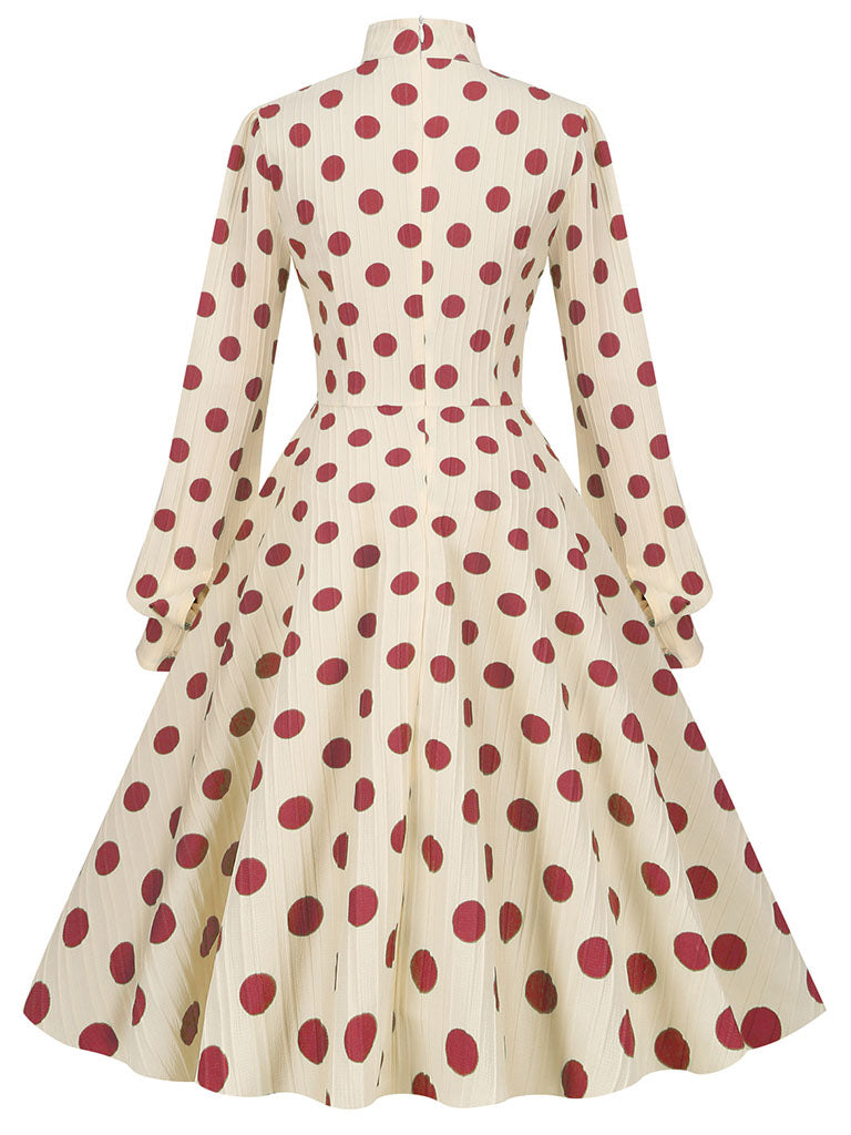 Big BowKnot Polka Dots Puff Long Sleeve Audrey Hepburn Style 1950S Vintage Dress Green / L Big BowKnot Polka Dots Puff Long Sleeve Audrey Hepburn Style 1950S Vintage Dress Green / L