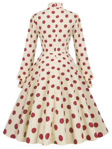 Big BowKnot Polka Dots Puff Long Sleeve Audrey Hepburn Style 1950S Vintage Dress