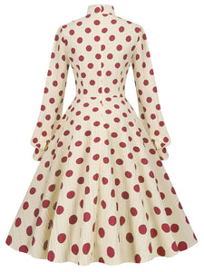Retro Glamour Dress 1950s Audrey Hepburn Style High Collar Bows Long Sleeves Woman's Medium Polka Dot Swing Dress Retro Glamour Dress 1950s Audrey Hepburn Style High Collar Bows Long Sleeves Woman's Medium Polka Dot Swing Dress
