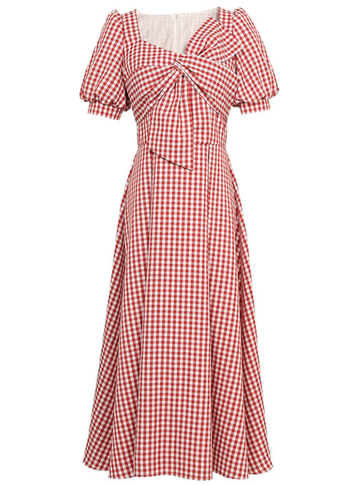 Plaid Short Sleeve Bow Cross Waist 1950S Vintage Dress