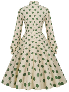 Big BowKnot Polka Dots Puff Long Sleeve Audrey Hepburn Style 1950S Vintage Dress