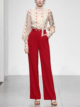Load image into Gallery viewer, 2PS White And Red Sweet Heart V Neck Shirt And Red Wide-Leg Pants Set