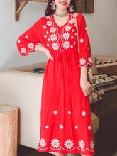 Load image into Gallery viewer, Jolly Vintage Women&#39;s Embroidered Floral 3/4 Sleeves V Neck Boho Dress