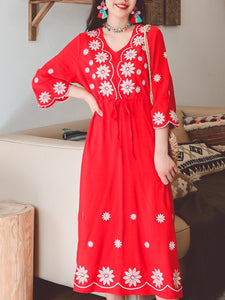 Jolly Vintage Women's Embroidered Floral 3/4 Sleeves V Neck Boho Dress