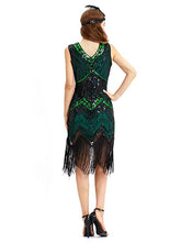 Load image into Gallery viewer, Black Silver 1920s V Neck Sequined Flapper Dres