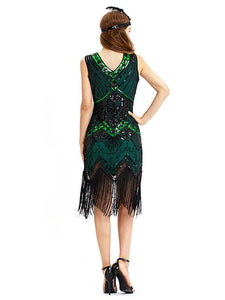 Black Silver 1920s V Neck Sequined Flapper Dres