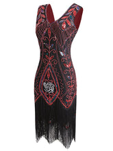 Load image into Gallery viewer, 1920s Floral Sequined Fringe Flapper Dress