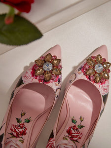 Rose Print Rhinestone Stiletto Heel Vinatge Shoes
