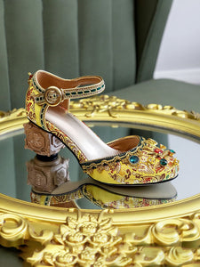 Luxurious Rhinestone Embroidery Floral Block Heel Ankle Strap Vintage Shoes