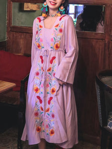 Jolly Vintage Women's Embroidered Floral Long Sleeves Square Neck Boho Dress