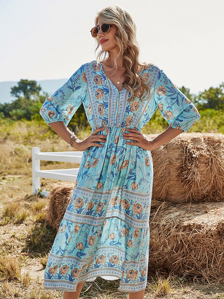 Women's Floral Boho Dress Half Sleeve V Neck Beach Party Dress Blue / XL Women's Floral Boho Dress Half Sleeve V Neck Beach Party Dress Blue / XL