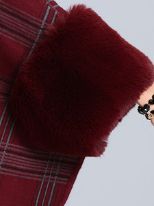 Plaid Women Poncho Sweater Faux Fur Coat Shawl Collar