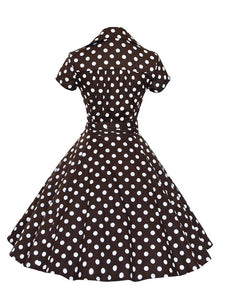Elegant High Waist V Neck Short Sleeve Dots Vintage Dress