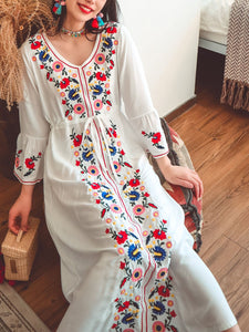 Jolly Vintage Bohemian V Neck Embroidered Floral Flared Long Sleeve Boho Dress