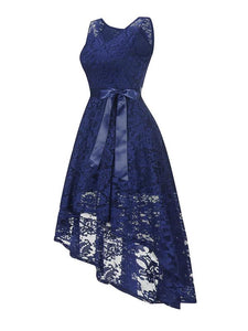 Lace V Neck Sleeve Less High Low Hem Vintage Dress